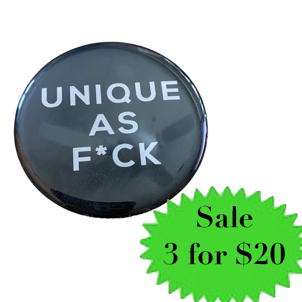 URBAN OUTFITTERS UNIQUE AS F**k Unique AF button pin big collection black brooch